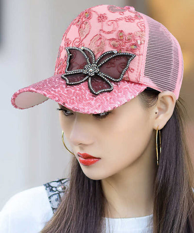 Gorra de béisbol con mariposa de circonita y malla rosa de moda de verano para mujer 