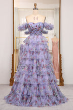 Charming A Line Off the Shoulder Blue Printed Long Prom Dress with Ruffles