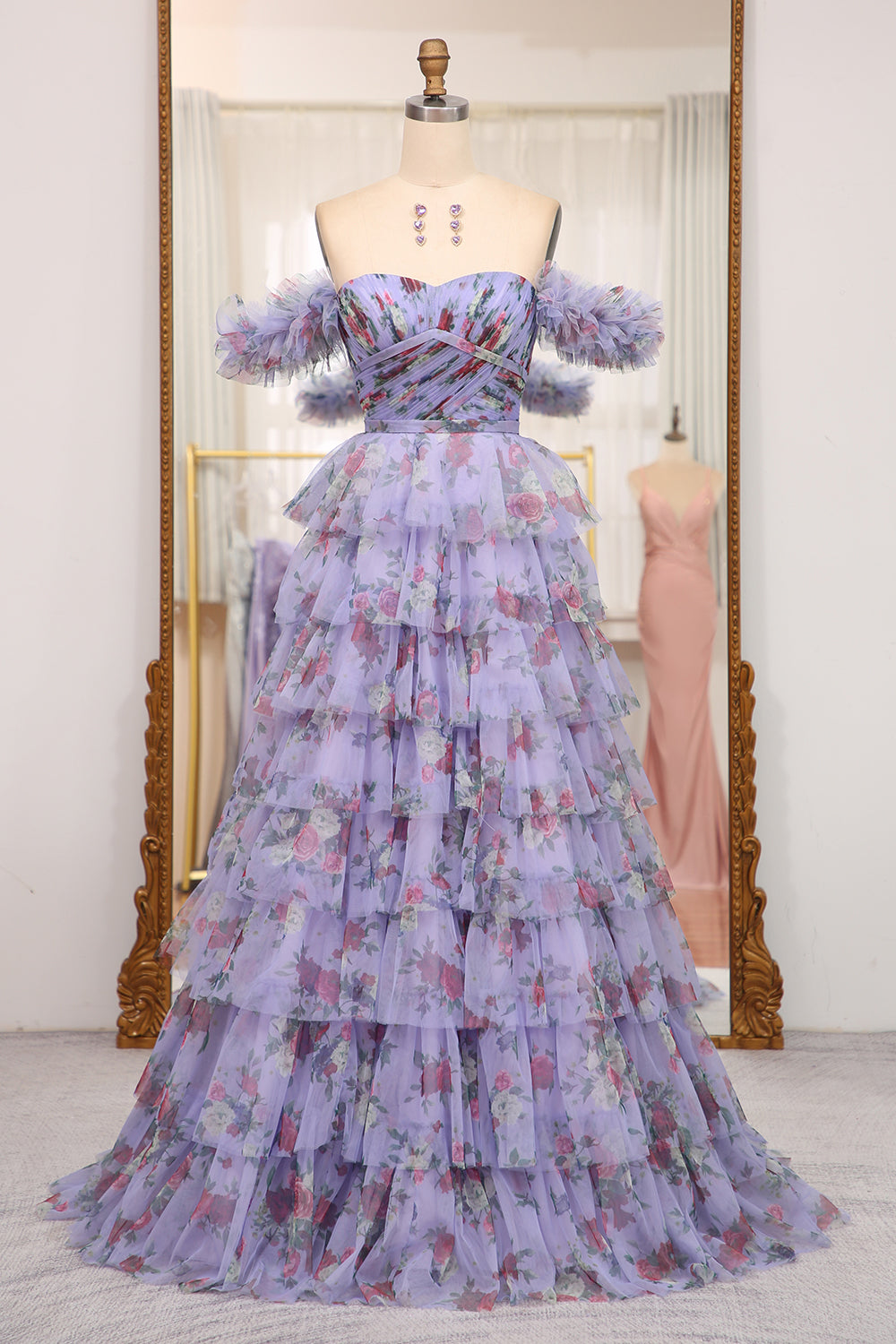 Charming A Line Off the Shoulder Blue Printed Long Prom Dress with Ruffles