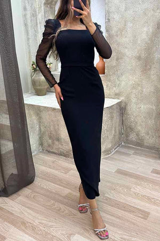 Composed Charm – Formales Midikleid mit Netzärmeln und quadratischem Ausschnitt 