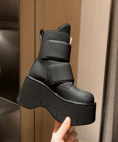 Stylische Splicing Wedge Boots Schwarzes Rindsleder 