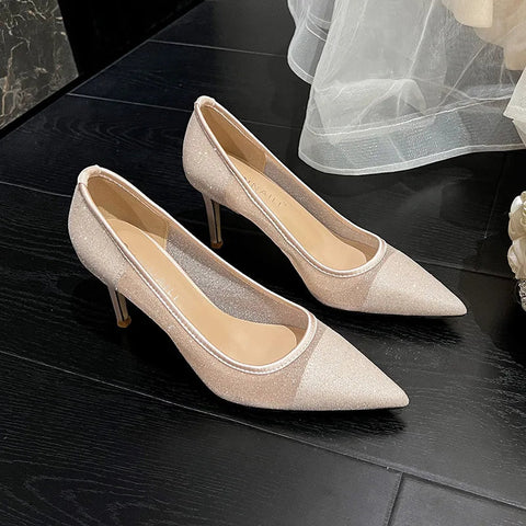 Mesh pointed high heels for women's new sexy lace white wedding shoes banquet dress champagne color bridesmaid shoes