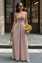 Slim Striped Halter Backless Beach Cami Maxi Dress