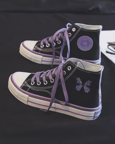 High Top Canvas Shoes Women Patchwork Cute All-Match  Lace-UpFlat Sneakers Girl Chic Reflective Embroidery Casual Shoes
