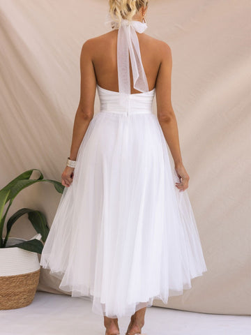 Vestido midi de tul con cuello halter, plisado, cintura imperio, espalda abierta, elegante vestido de fiesta 
