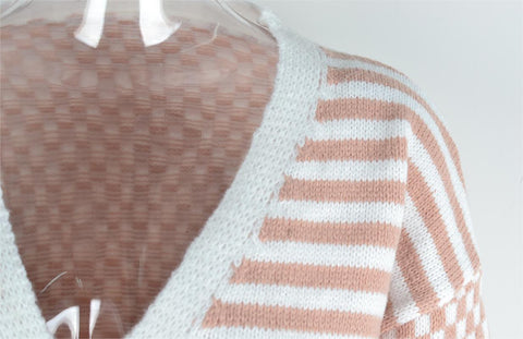 Cárdigan de punto con costura a cuadros y rayas para otoño e invierno para mujer 