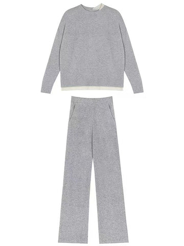 Casual Loose Solid Color Round-Neck Sweater Tops & Wide Leg Pants Suits