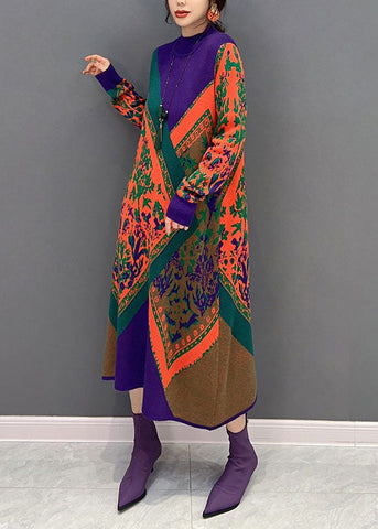 Vestido de invierno de punto con cuello alto y estampado oversize para mujer 