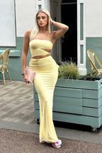 Sexy Hollow Strapless Yellow Slit Bodycon Maxi Dress