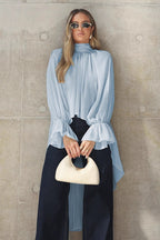Blue Chiffon Bell Sleeve Cutout Blouse