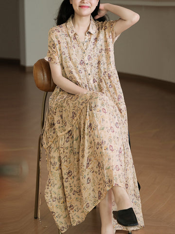 Women Summer Artsy Floral Drawstring Cardigan Ramie Dress
