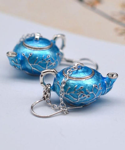 Chinese Style Blue Sterling Silver Cloisonne Plum Blossom Teapot Hoop Earrings