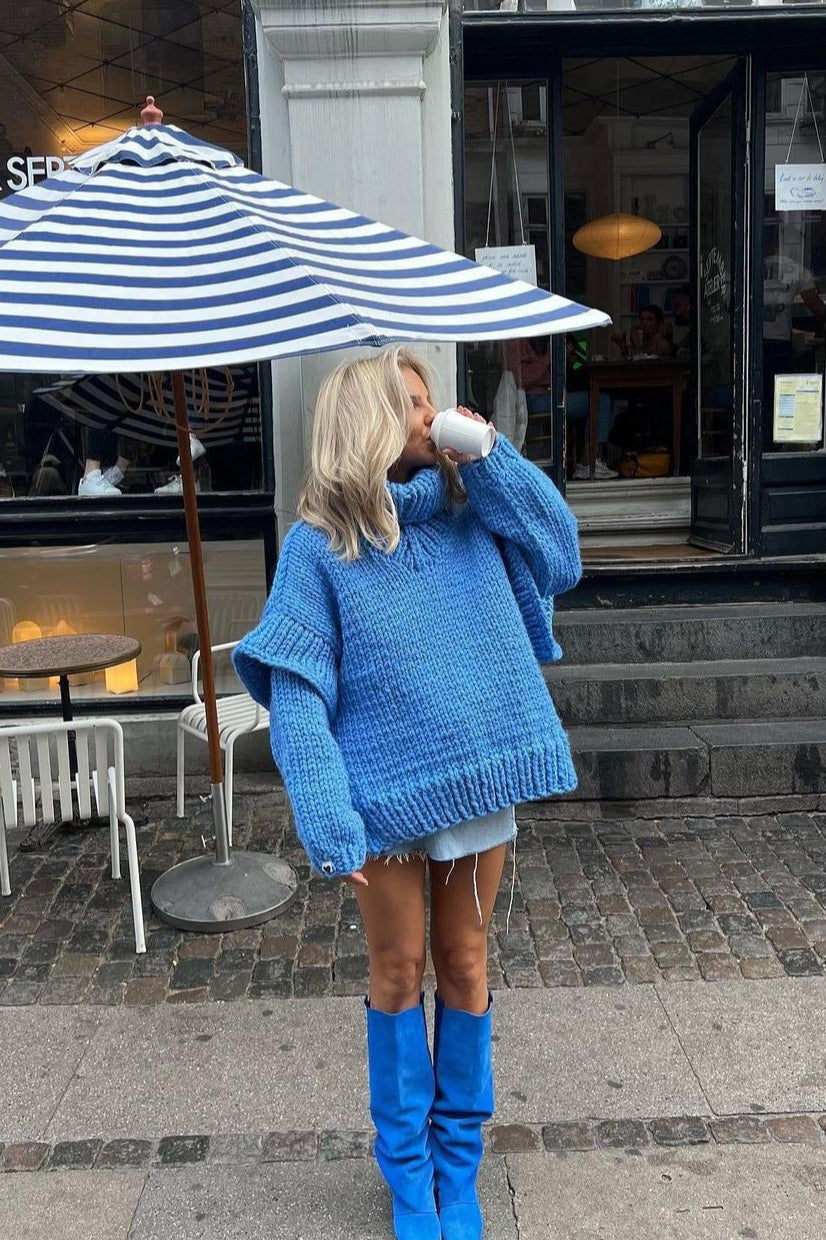Solid Patchwork Chunky Fluffy Turtleneck Sweater
