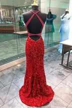 Vestido de fiesta largo de sirena con escote en V profundo y lentejuelas rojas con espalda abierta