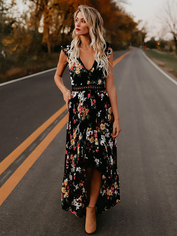 Floral Print Maxi Dress V Neck Backless High Low Split Long Summer Dress
