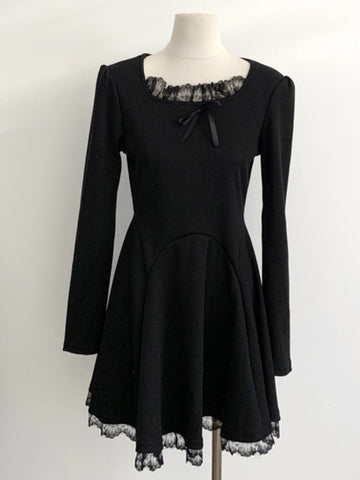 Süßes gestricktes Minikleid für Frauen, Langarm, Schleife, Spitze, quadratischer Kragen, Herbst, Frühling, A-Linie, Party, Robe, koreanische Y2K-Mode, Vestidos 