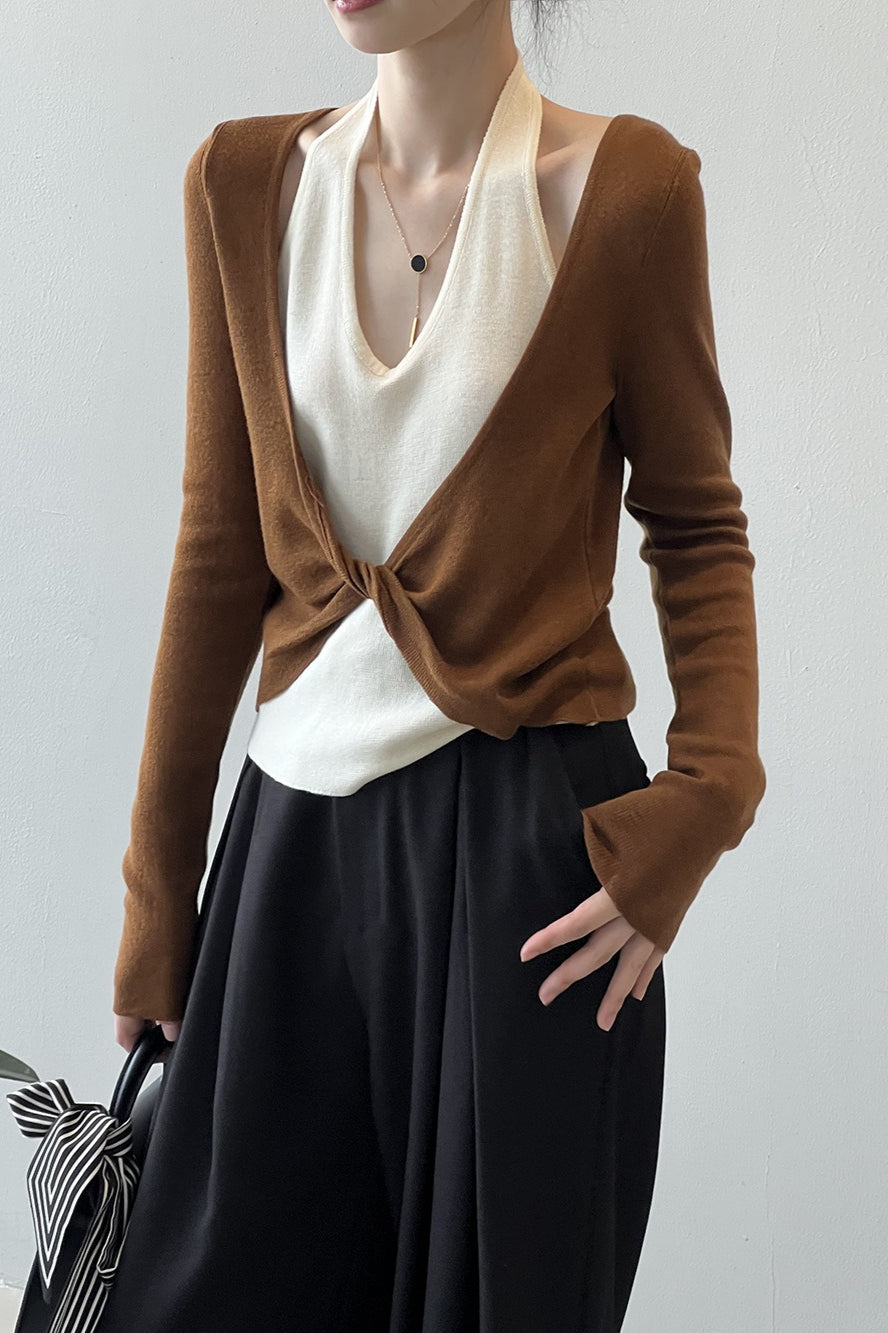 Patchwork Layered Halter Long Sleeve Tee