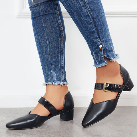Block Low Heel Mary Jane Pumps Pointed Toe Buckle Dress Shoes