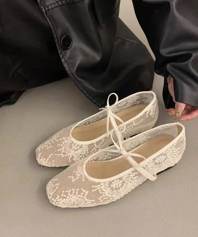 Zapatos planos con bordado de malla transpirable beige para mujer con lazo 