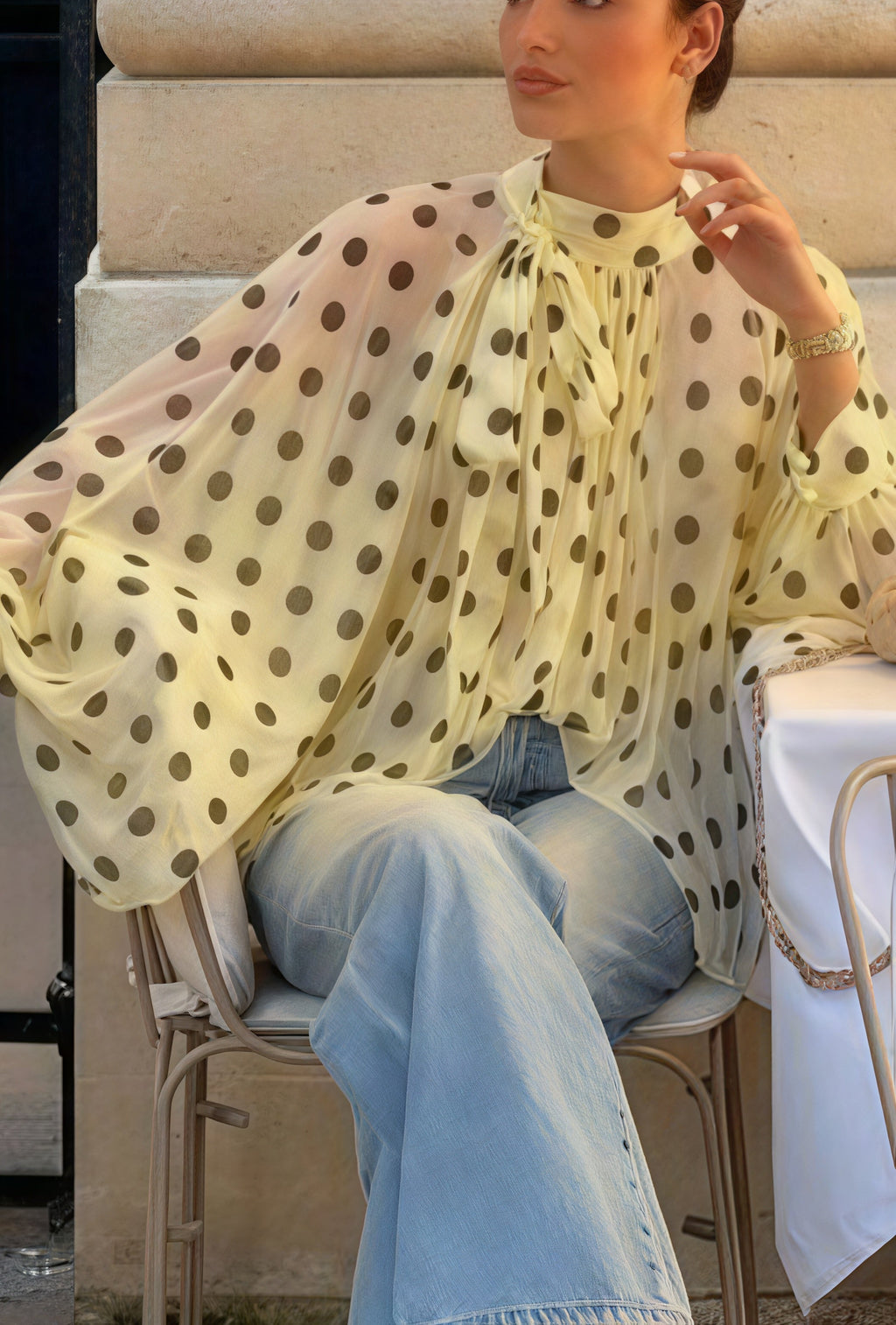 Polka Dot Tie Sheer Lantern Sleeve Blouse