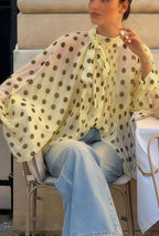 Polka Dot Tie Sheer Lantern Sleeve Blouse