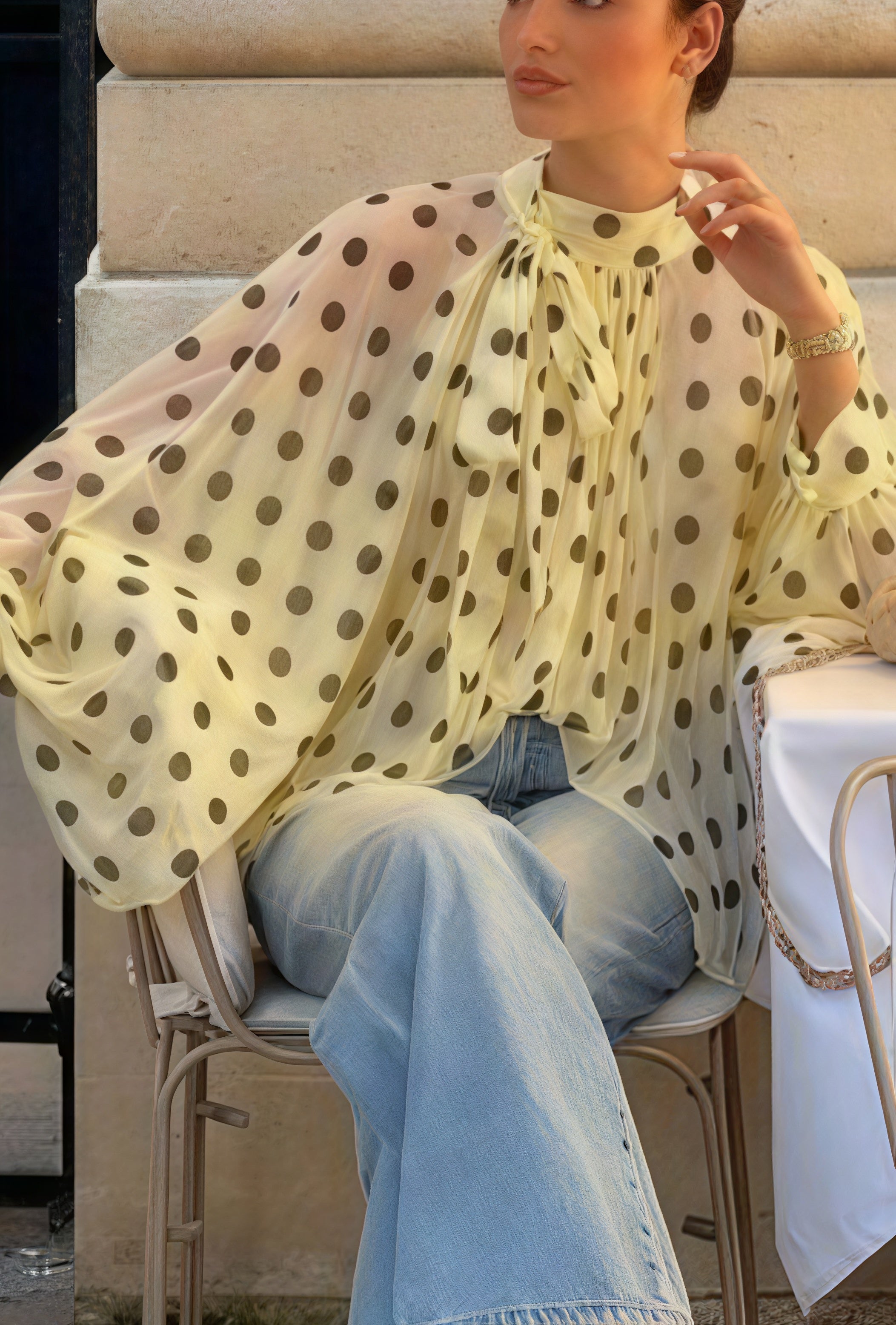 Polka Dot Tie Sheer Lantern Sleeve Blouse