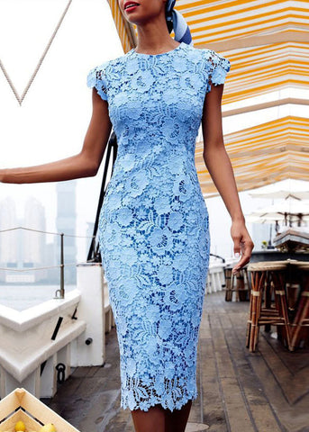 Fashion Blue O-Neck Floral Lace Maxi Dresses Sleeveless