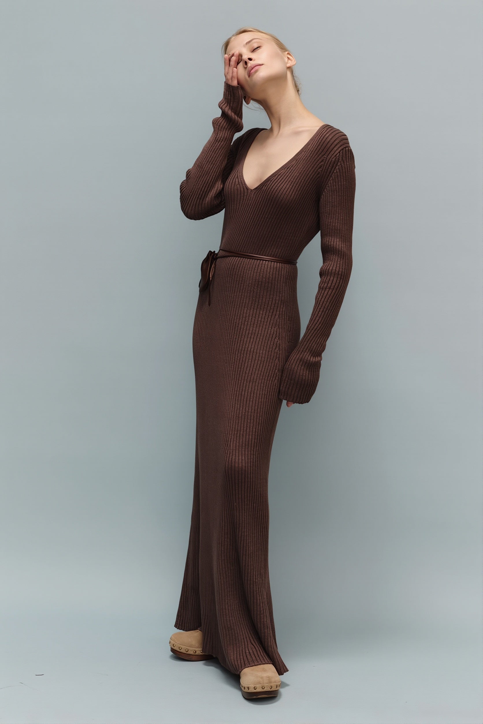 Solid Knit V-Neck Bodycon Maxi Dress