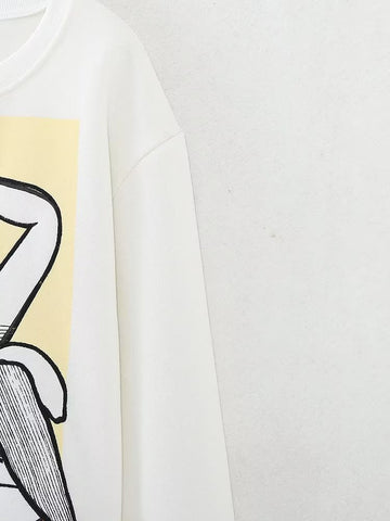 Suéter holgado de algodón con estampado bordado para niña, color blanco otoñal 