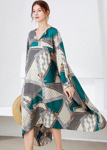 Vestidos largos de otoño con cuello en V, estampado vintage en negro y verde 