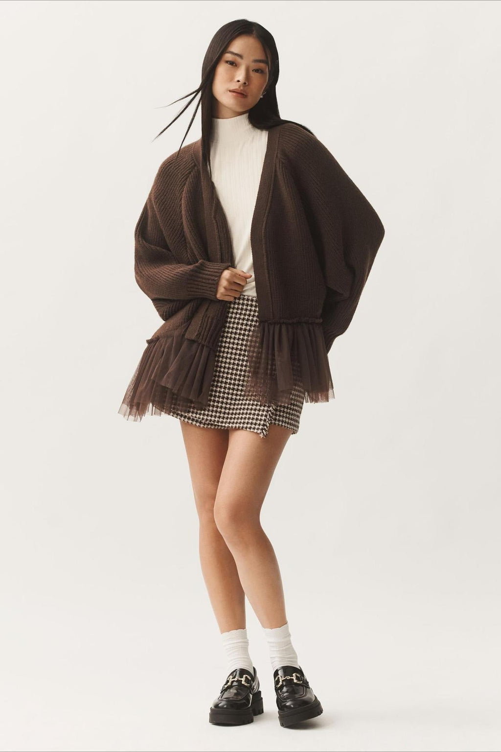 Ruffled Tulle Knit Long-Sleeve Cardigan