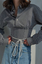Striped Waist Cinched Collared Short Blouse
