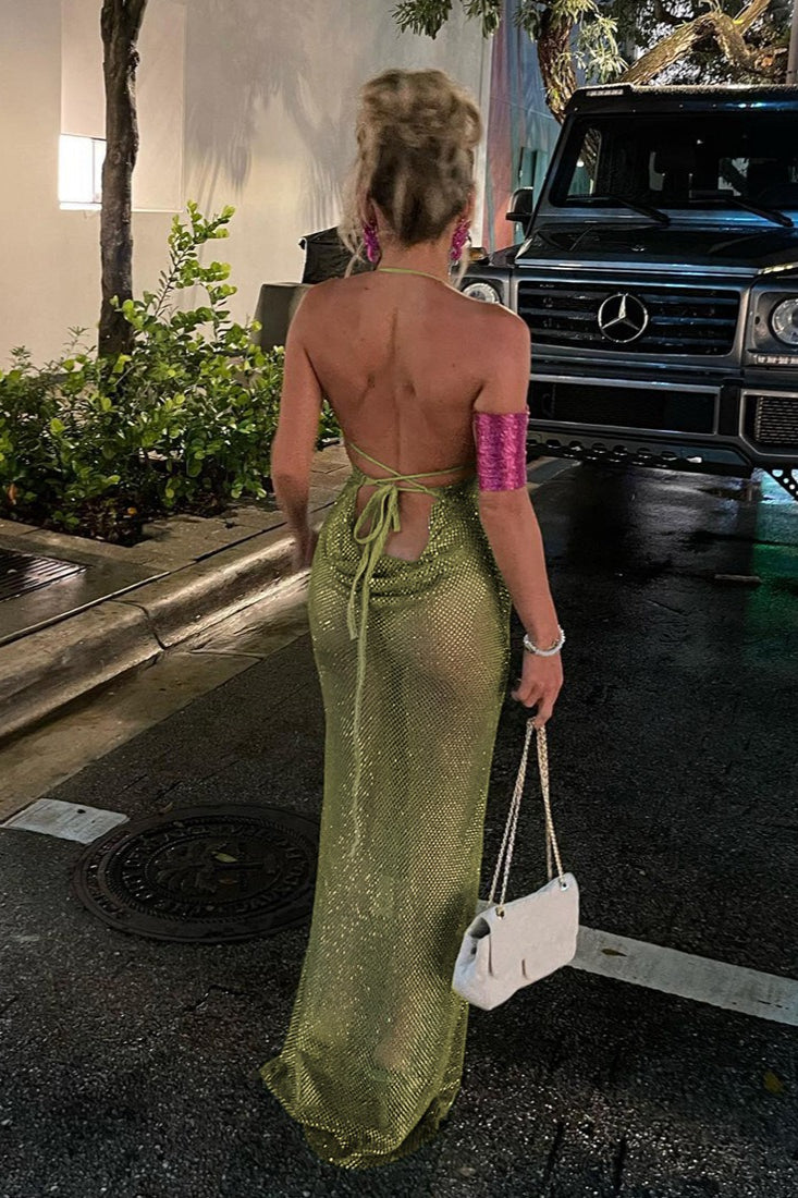 Halter Tie Cutout Back Ruched Solid Bodycon Maxi Dress