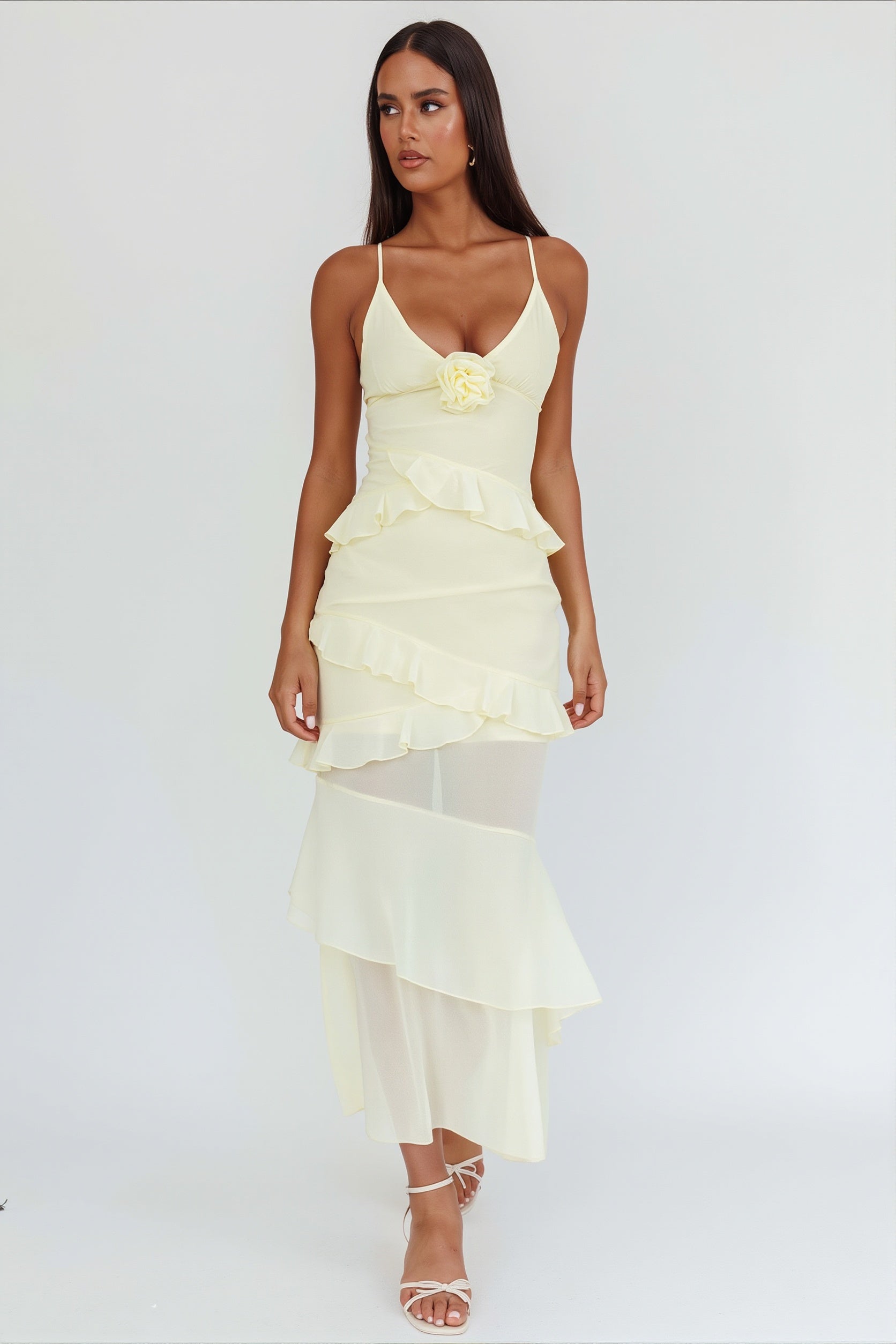 Flowy Solid Ruffle Slim Cami Maxi Dress