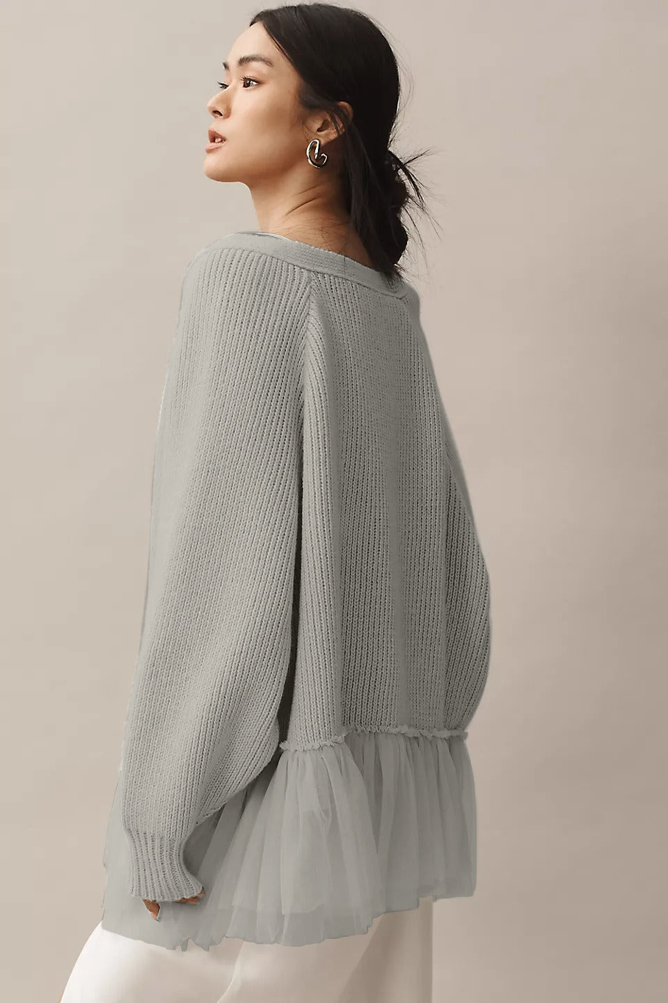 Ruffled Tulle Knit Long-Sleeve Cardigan