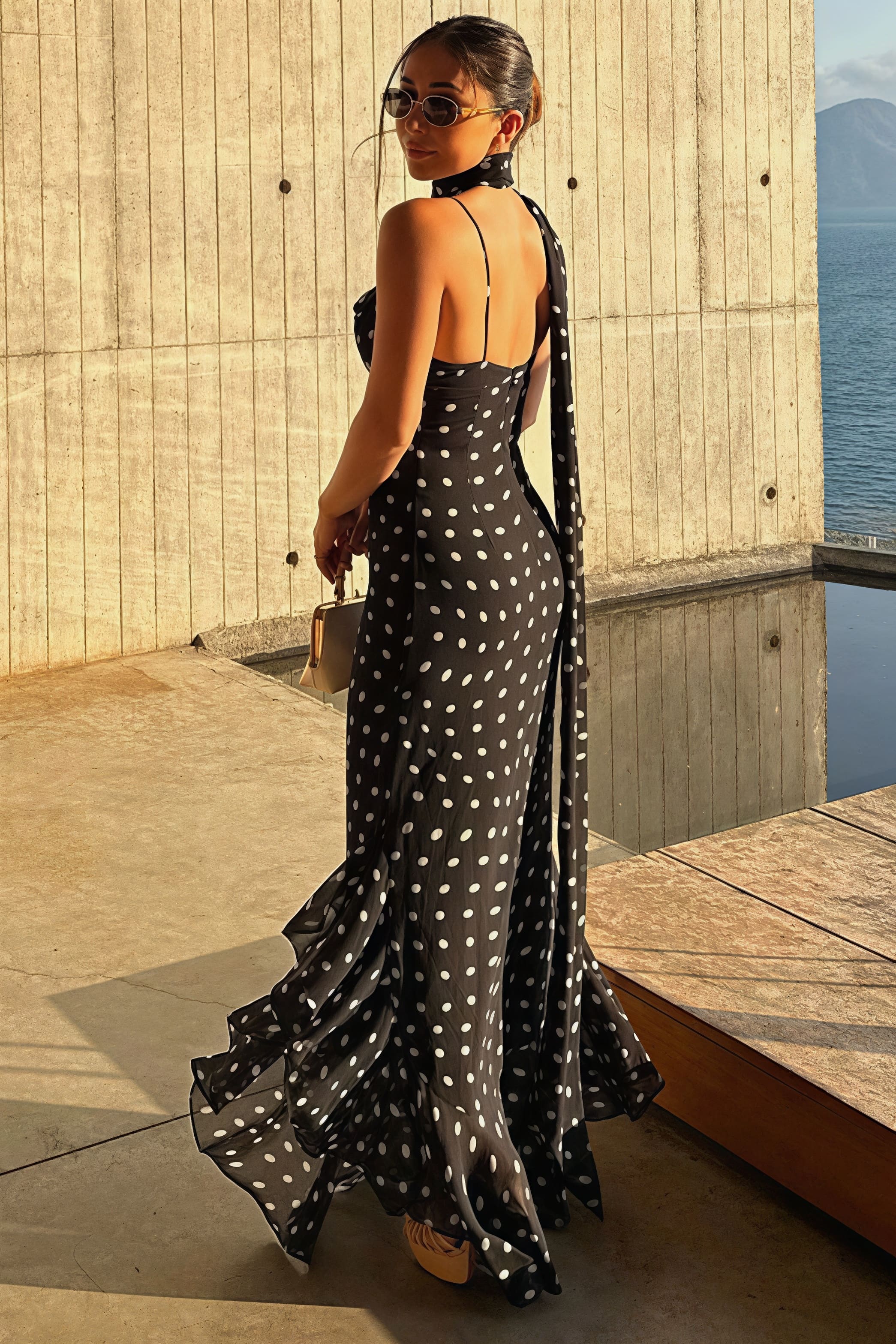 Polka Dot Ruffled Scarf Decor Maxi Dress