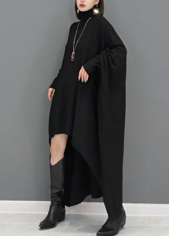 Schwarzes Patchwork-Strickpulloverkleid in Übergröße mit hohem Halsausschnitt 