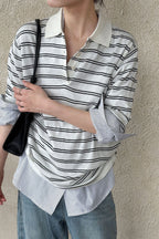 Soft Wool Striped Polo Collar Long Sleeve Long Sleeve Tee