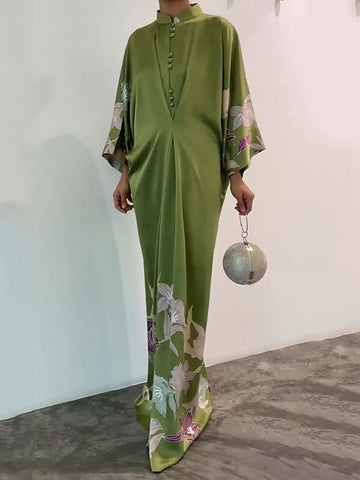 Vestidos largos musulmanes plisados ​​con cuello alto y estampado floral holgado con mangas de murciélago 