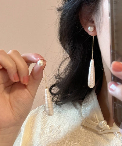 Classy White Alloy Pearl Water Drop Tassel Drop Earrings