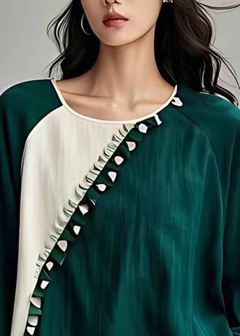 Pre sale - shipping in 30 days/New Green O-Neck Ruffled Patchwork Linen Tops Long Sleeve