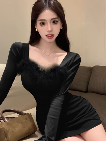Sexy Minikleid Frauen Langarm Faur Pelz Patchwork Quadrat Kragen Wrap Hüfte Herbst Frühling Koreanischen Stil Y2K Schlank Solide Vestisos 