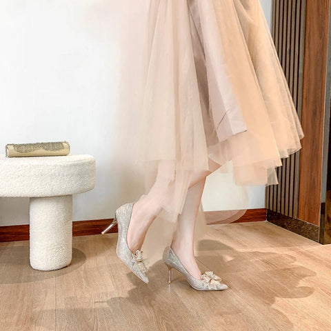 Zapatos de tacón alto con diseño de hada y viento para mujer, calzado de novia con lazo, fino y puntiagudo, a juego, de 6 y 8 cm, para verano