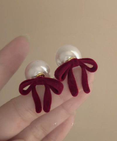 Cute Pink Silk Velour Alloy Pearl Bow Stud Earrings
