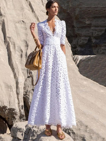 V-Neck Maxi Dress Half Sleeves Casual Floor Length Dress
