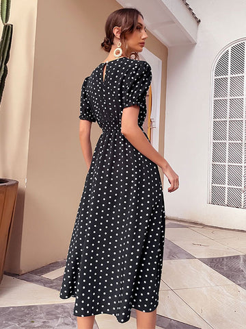 Polka Dot Classic Jewel Neck Short Sleeves Midi Dress