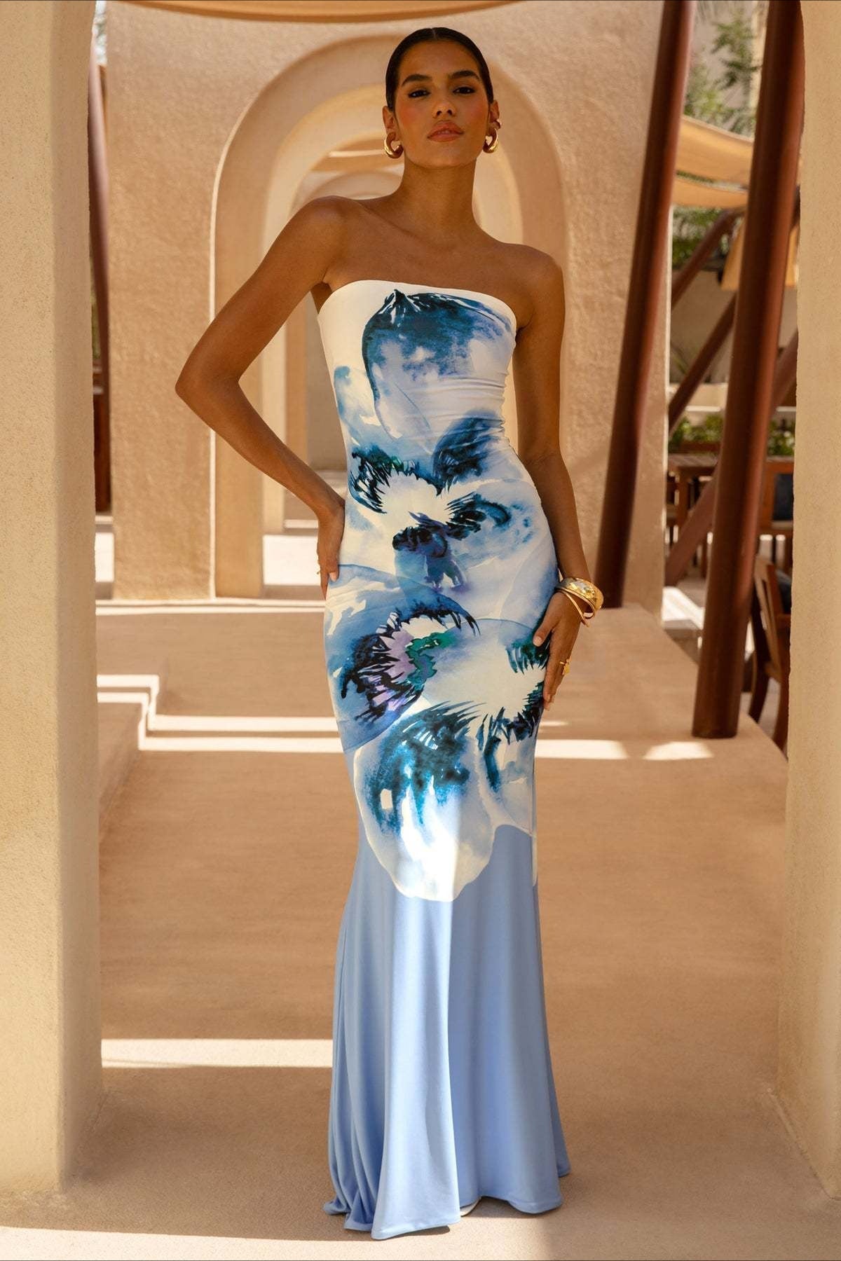 Sexy Bandeau Mermaid Floral Print Maxi Dress