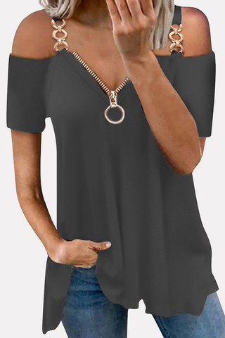 Casual Solid Chains Zipper V Neck T-Shirts(6 Colors)