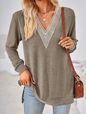 Long Sleeves Loose Hollow Split-Joint Split-Side V-Neck T-Shirts Tops