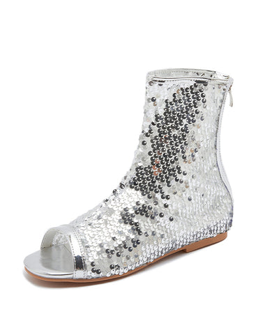 Stilvolle silberne Stiefel mit Reißverschluss und Pailletten 